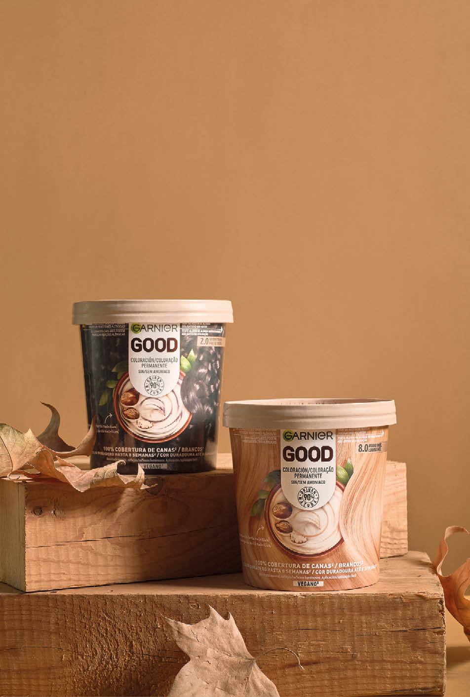 Dos envases de helado de la marca Garnier Good sobre bloques de madera con hojas secas alrededor en un fondo marr n. Descripci n generada con IA