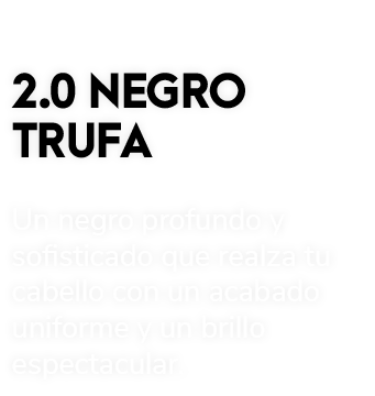 2.0 NEGRO TRUFA Un negro profundo y sofisticado que realza tu cabello con un acabado uniforme y un brillo espectacular.