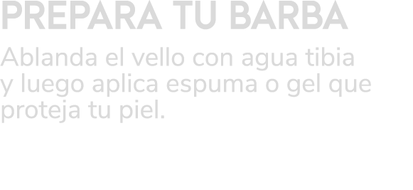 PREPARA TU BARBA Ablanda el vello con agua tibia y luego aplica espuma o gel que proteja tu piel. 