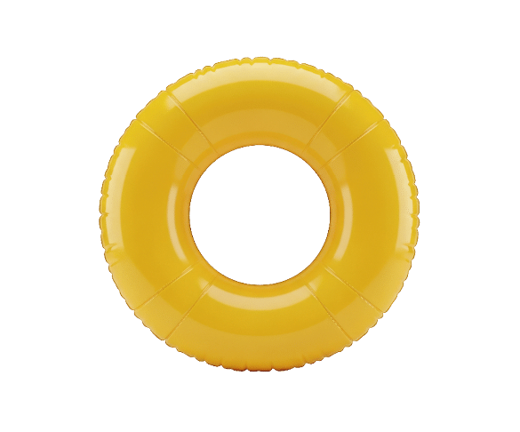 Flotador inflable amarillo con forma circular y superficie brillante. Descripci n generada con IA