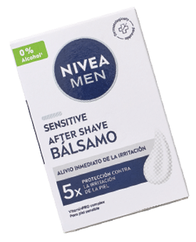 Envase de b lsamo para despu s del afeitado Nivea Men Sensitive con protecci n contra la irritaci n y sin alcohol. Descripci n generada con IA
